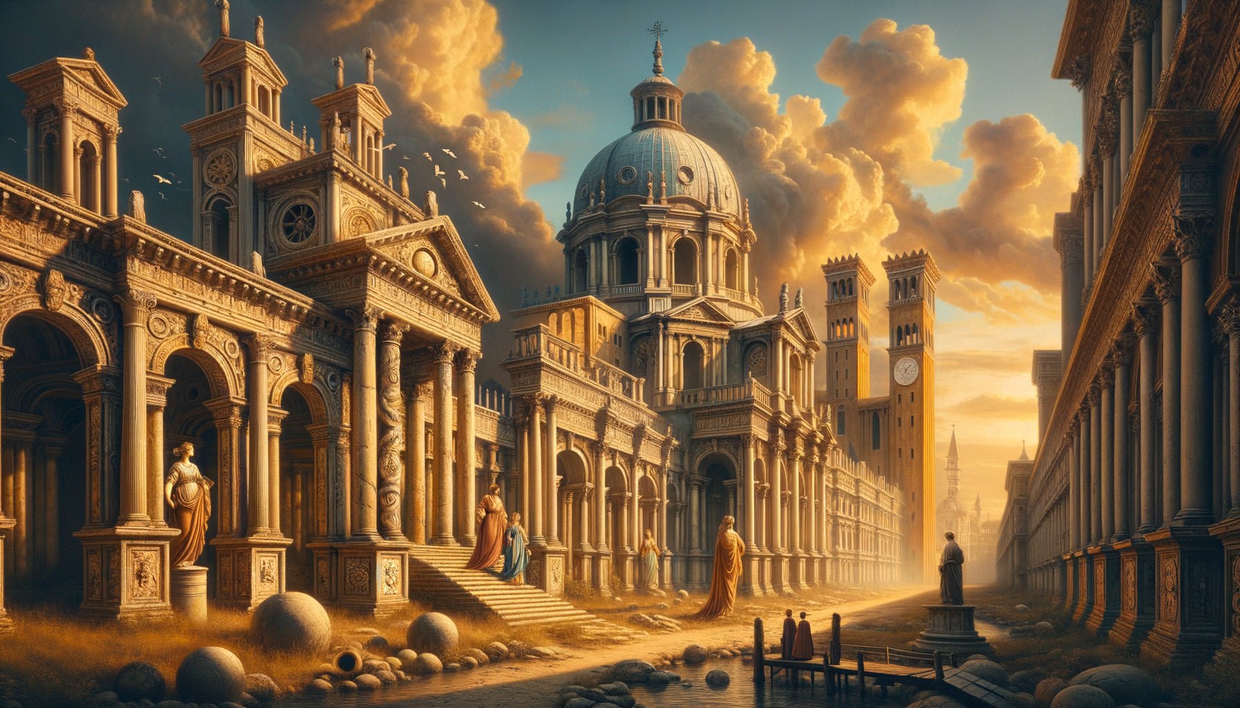 Peinture capriccio vénitienne du 18ème siècle mêlant ruines romaines et architecture gothique dans un paysage imaginaire sophistiqué