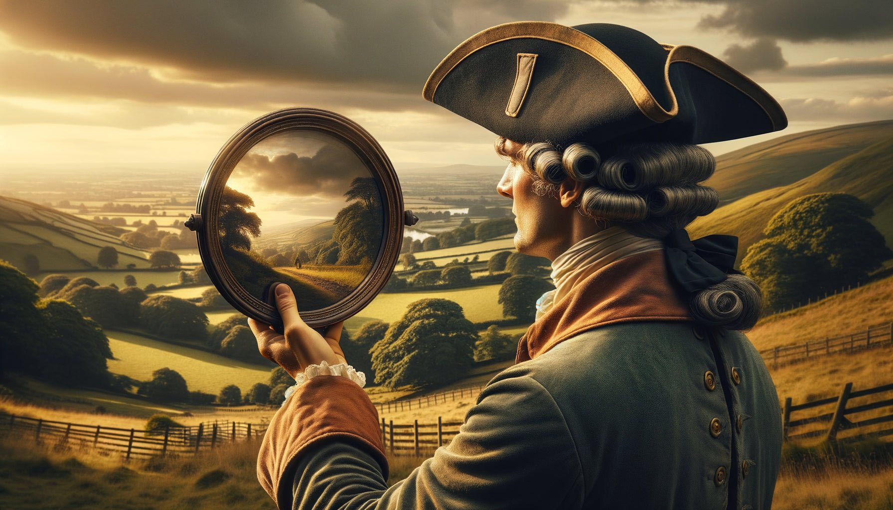 Voyageur du 18ème siècle observant un paysage à travers un Claude Glass, miroir noir convexe, dos tourné au panorama réel