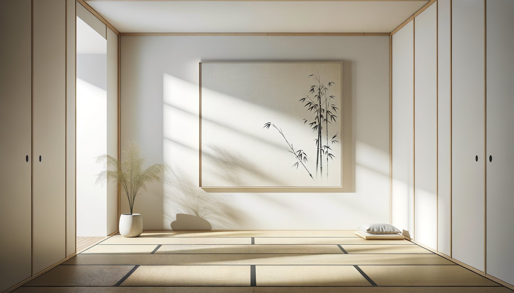 Composition murale minimaliste japonaise incarnant le concept Ma avec vaste espace négatif intentionnel et unique élément décoratif