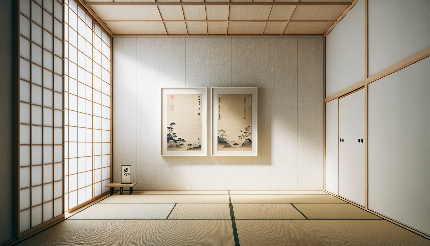 Mur japonais traditionnel illustrant le concept MA avec deux estampes espacées et vide intentionnel entre elles