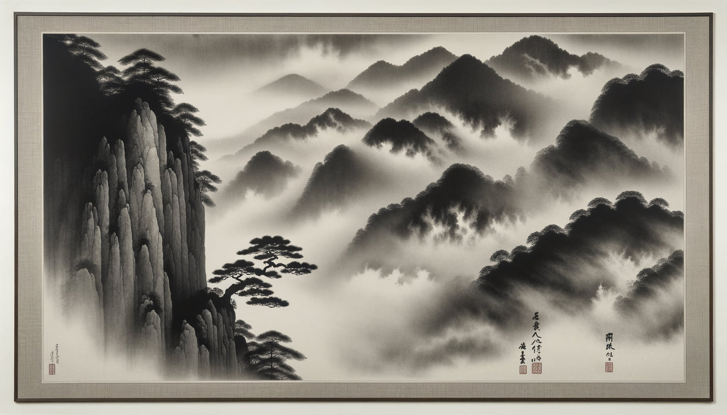 Peinture murale à l'encre japonaise évoquant le Yūgen, montagnes brumeuses et pin solitaire dans atmosphère mystérieuse et contemplative