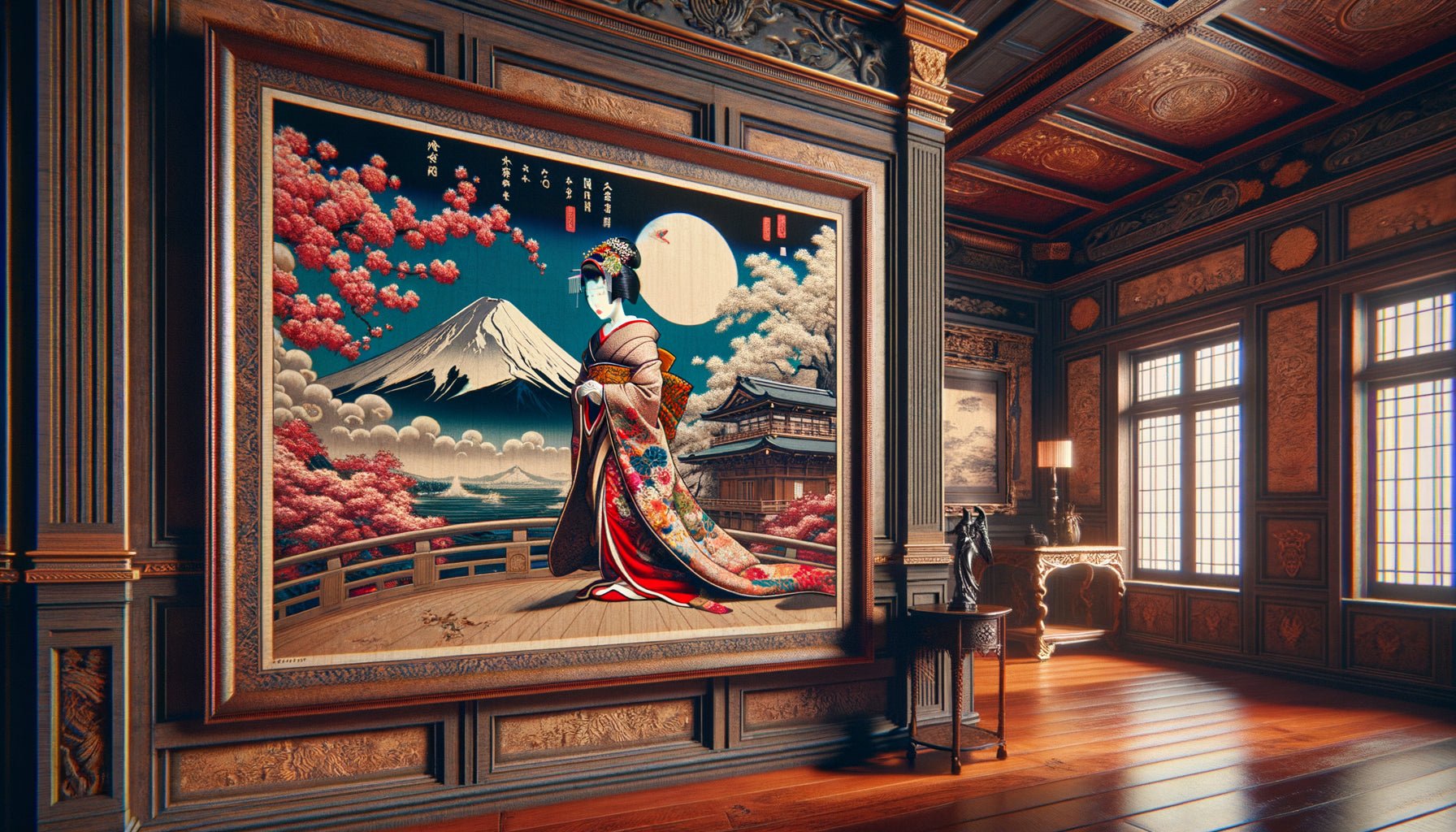 Estampe ukiyo-e japonaise authentique années 1870 avec composition asymétrique audacieuse et couleurs vibrantes caractéristiques du Japonisme