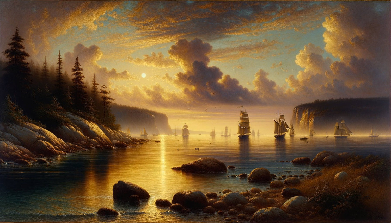 Peinture luministe américaine années 1860, paysage côtier baigné de lumière transcendantale dorée, reflets cristallins sur eau calme