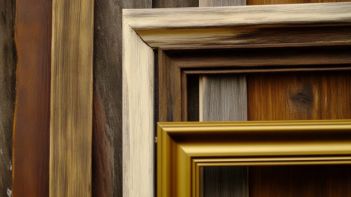 Composition décorative montrant le mariage parfait entre des cadres en bois massif et d'autres matériaux comme le métal, le verre et la céramique dans différents arrangements intérieurs.
