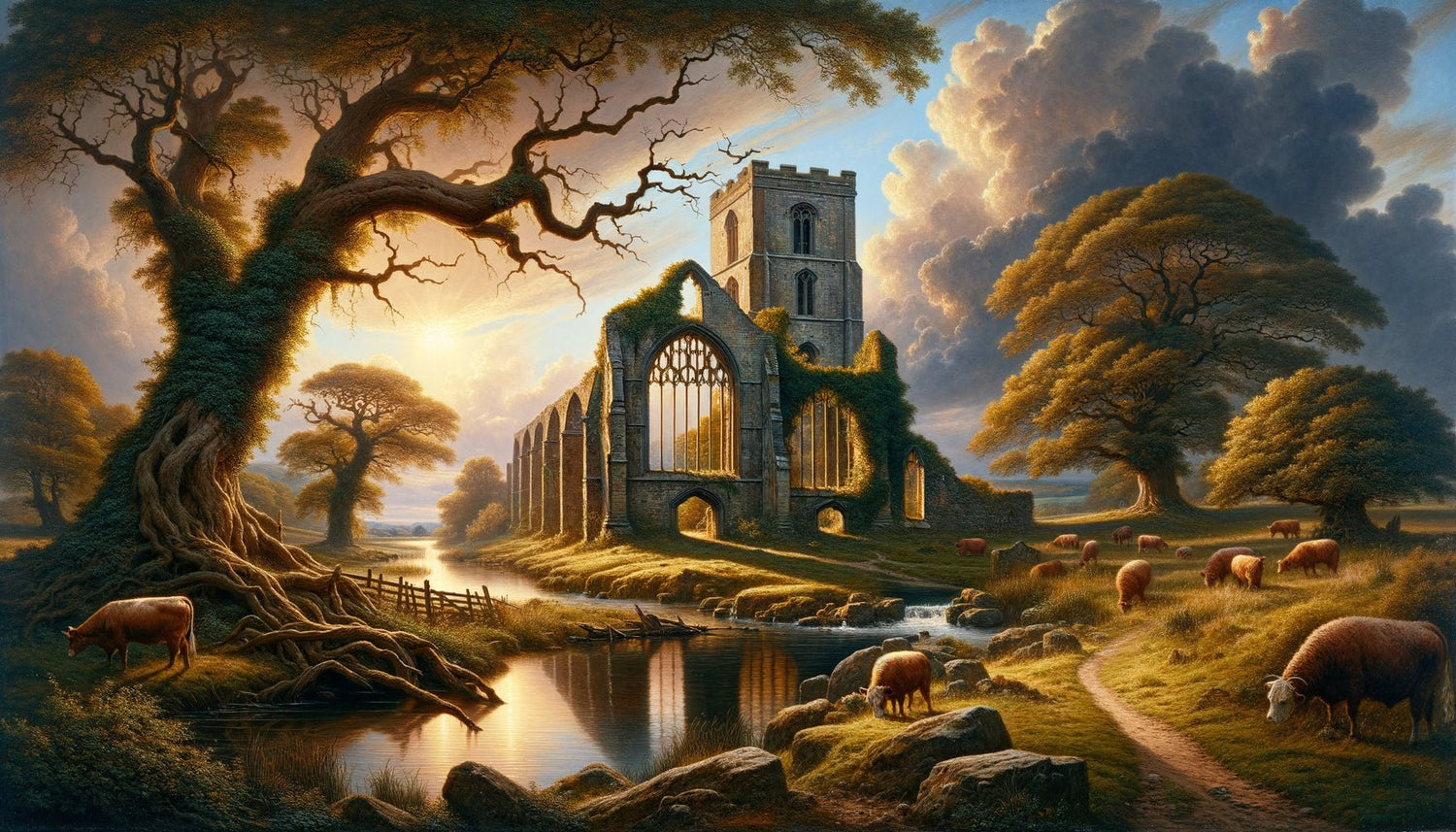 Paysage anglais Picturesque vers 1780, ruines gothiques, arbres tortueux, composition pittoresque codifiée, style William Gilpin