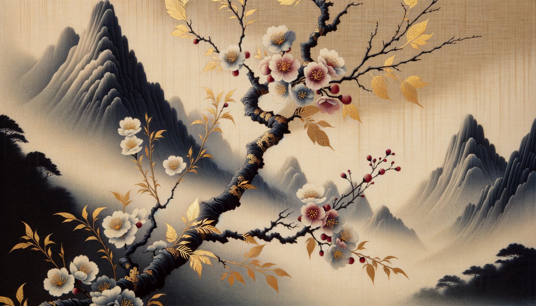 Peinture Nihonga de l'ère Meiji, technique traditionnelle japonaise aux pigments minéraux sur soie, cerisiers et montagnes brumeuses