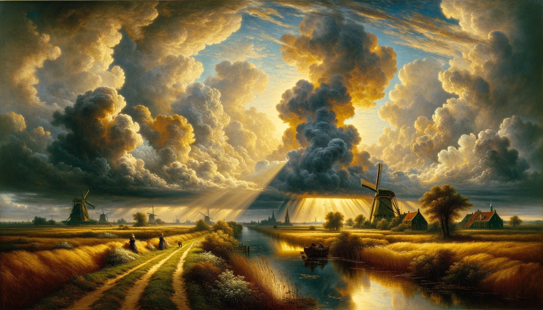 Paysage hollandais Siècle d'Or avec ciel dramatique nuageux dominant, rayons lumineux, horizon bas, style Jacob van Ruisdael