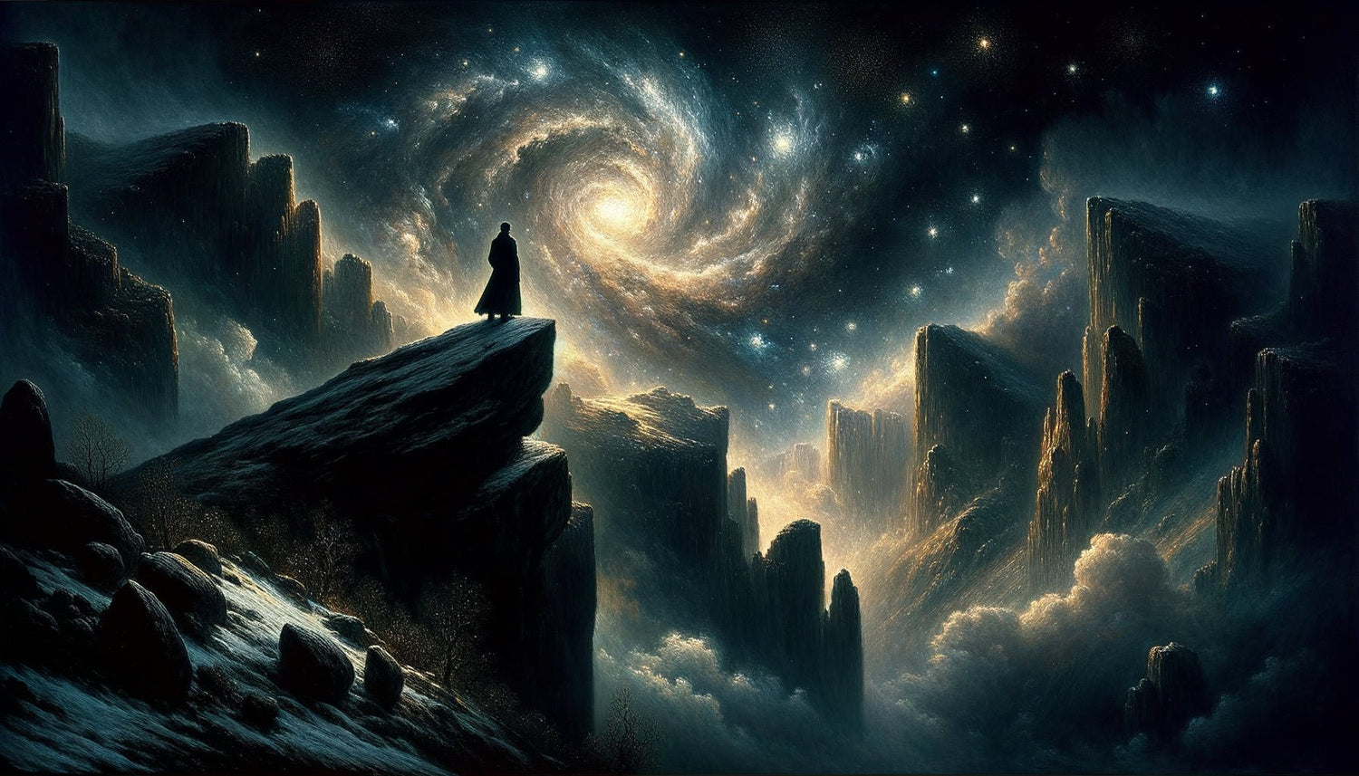 Peinture romantique style Friedrich années 1820 : figure solitaire face à l'immensité cosmique sublime