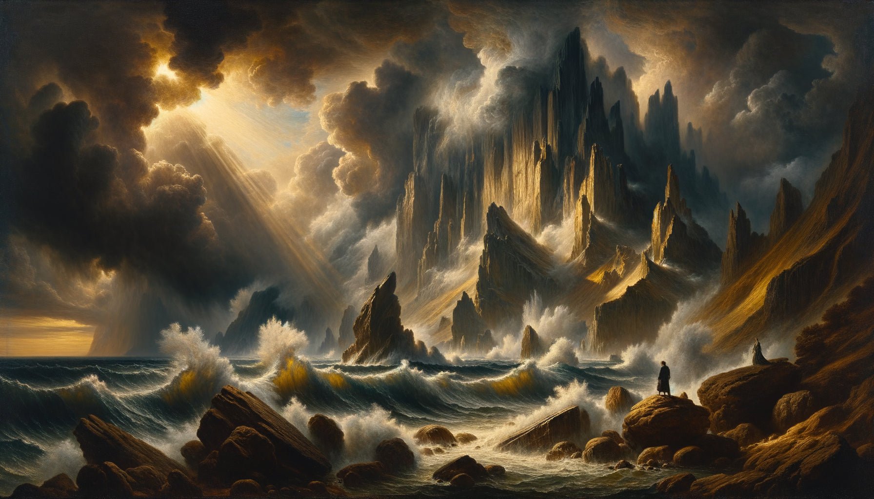 Peinture XVIIIe siècle illustrant le sublime philosophique : figure humaine face à la nature menaçante et majestueuse