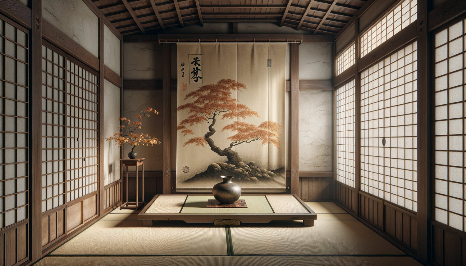 Tokonoma traditionnel japonais du XVe siècle avec kakemono saisonnier et arrangement ikebana dans alcôve sacrée