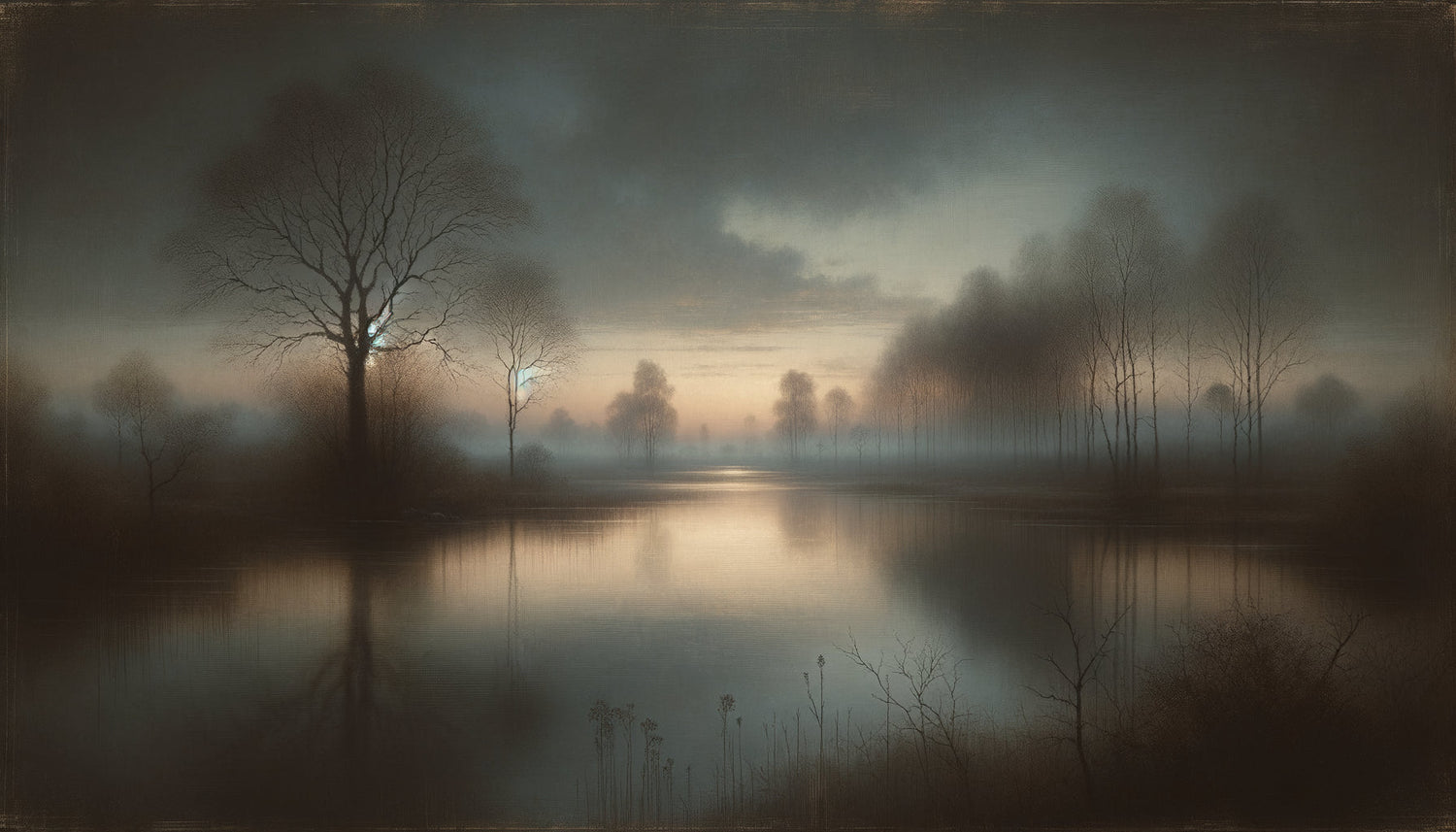 Peinture tonaliste américaine 1890, paysage crépusculaire brumeux aux tons gris-bleu, atmosphère contemplative caractéristique du mouvement