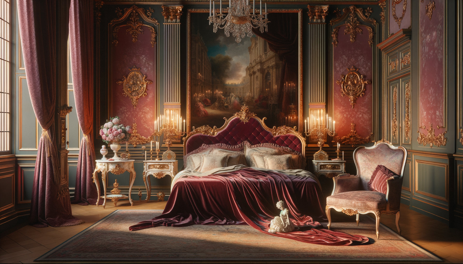 Scène d'alcôve intime style rococo français Fragonard, lumière dorée, composition asymétrique, intérieur aristocratique XVIIIe siècle