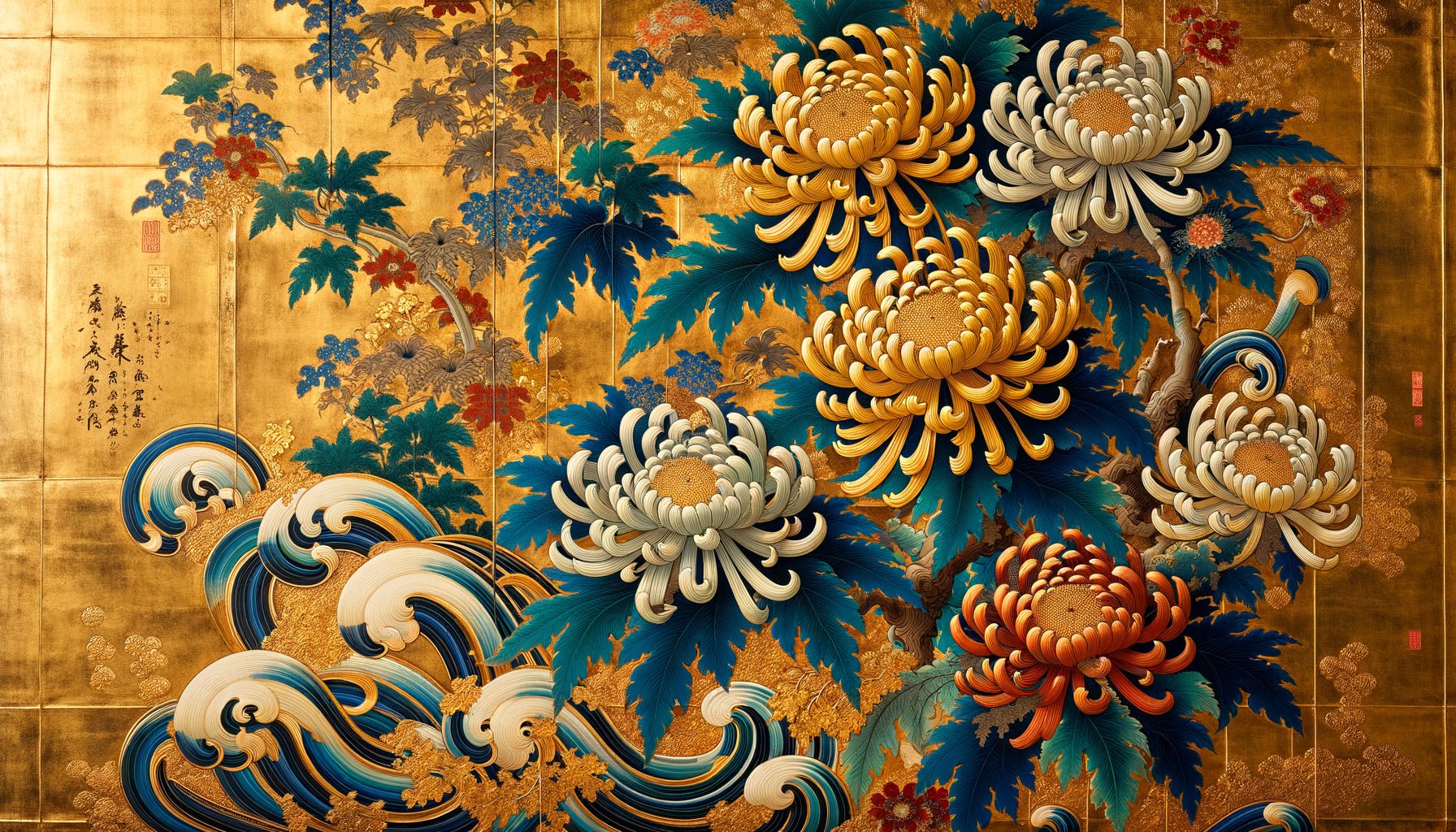 Panneau mural décoratif école Rinpa XVIIe siècle, motifs floraux stylisés sur fond de feuilles d'or opulent