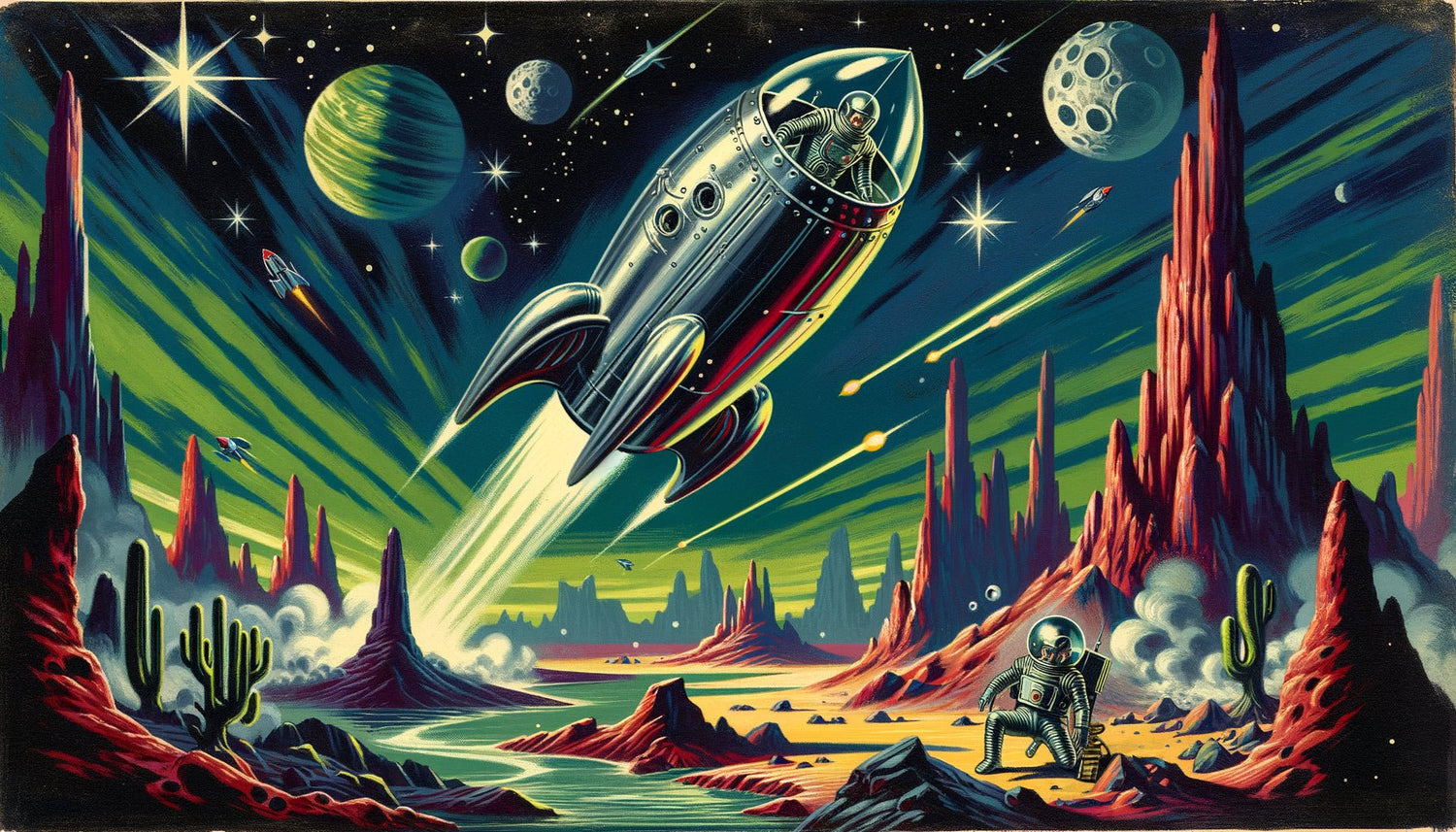Couverture de magazine pulp sci-fi années 1940, fusée chromée sur planète alien aux couleurs saturées rouge-vert-bleu, style rétro-futuriste