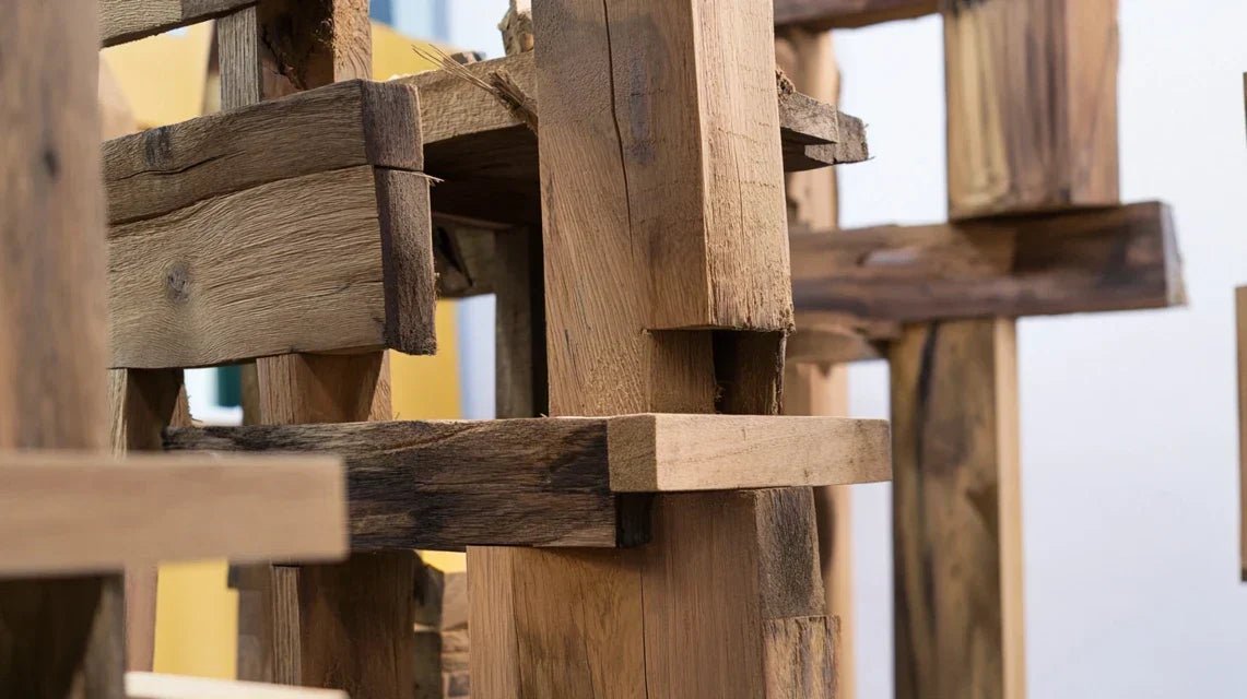 Collection de cadres en bois massif recyclé montrant la diversité des patines et caractères uniques obtenus par la réutilisation de matériaux anciens dans une démarche éco-responsable.