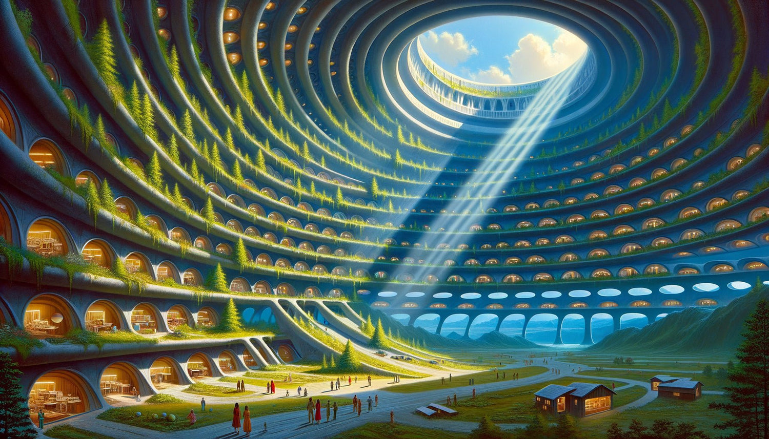 Peinture photoréaliste années 1970 d'une colonie spatiale cylindrique de Gerard O'Neill commandée par la NASA