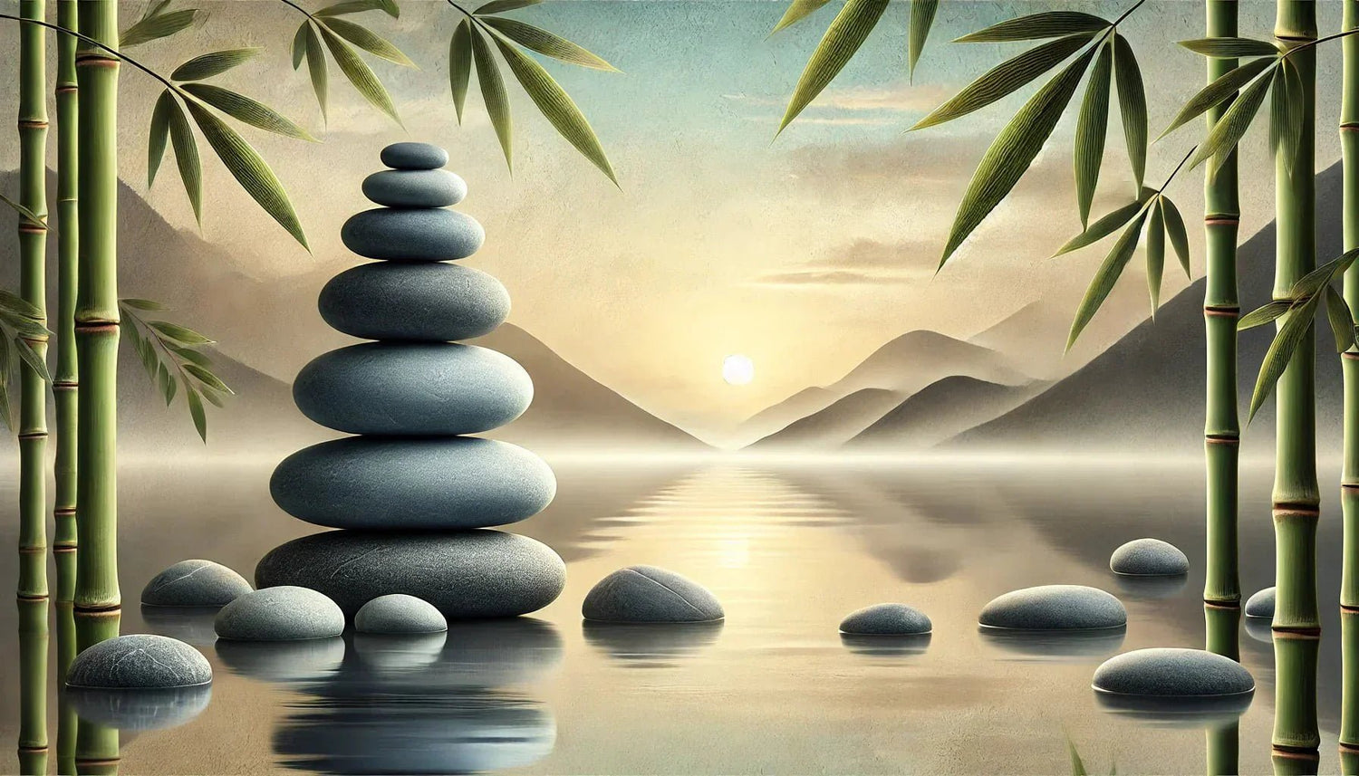 Toile zen galets empilĂ©s â tableau mural reprĂ©sentant des pierres en Ă©quilibre sur fond naturel, idĂ©al pour une dĂ©coration apaisante et une ambiance Feng Shui.