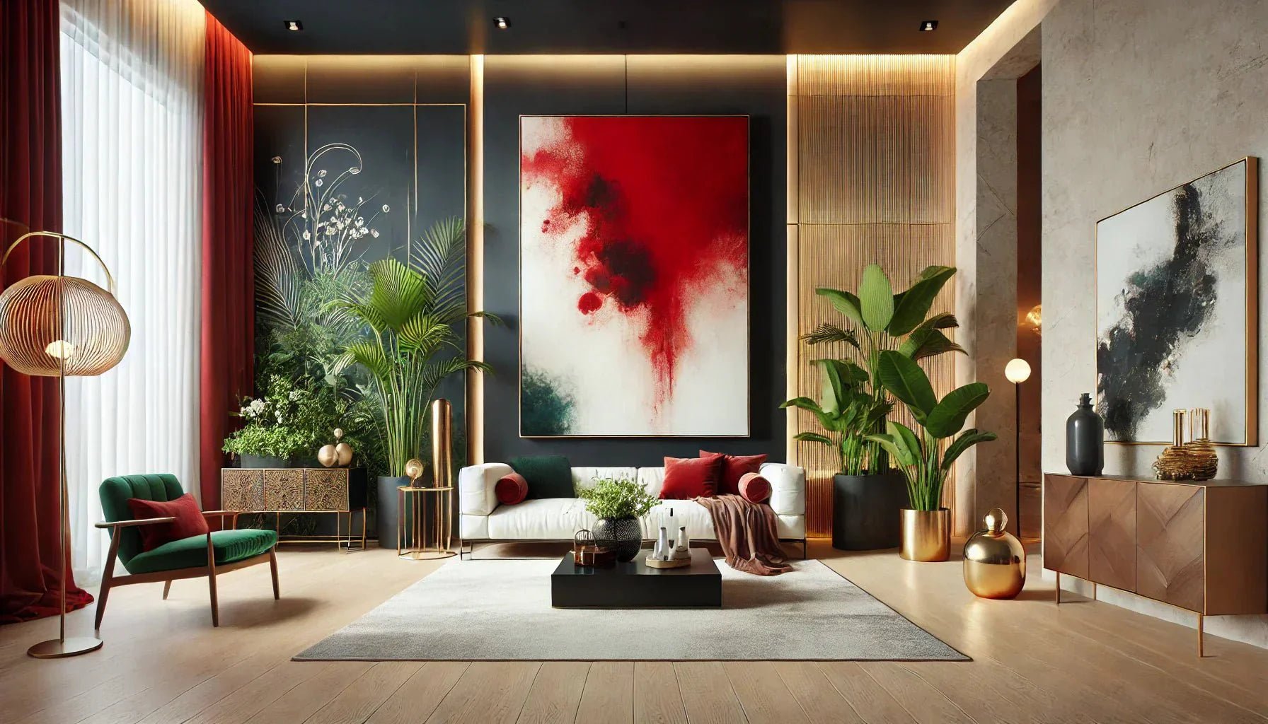 Un tableau abstrait rouge XXL sublimé par une décoration harmonieuse : associations de couleurs avec noir, blanc, vert et doré pour une ambiance artistique et moderne.