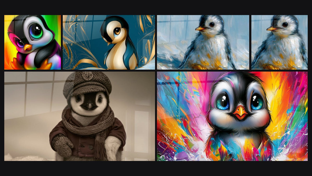 Mosaic of six paintings, including Baby Penguin Hat and Mittens Bordeaux and Baby Penguin with Bright Blue Eyes