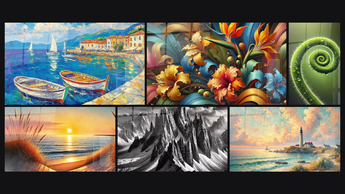 Mosaico di sei quadri, tra cui Porto N°1, Rapsodia Botanica e Quando il Giorno S'addormenta