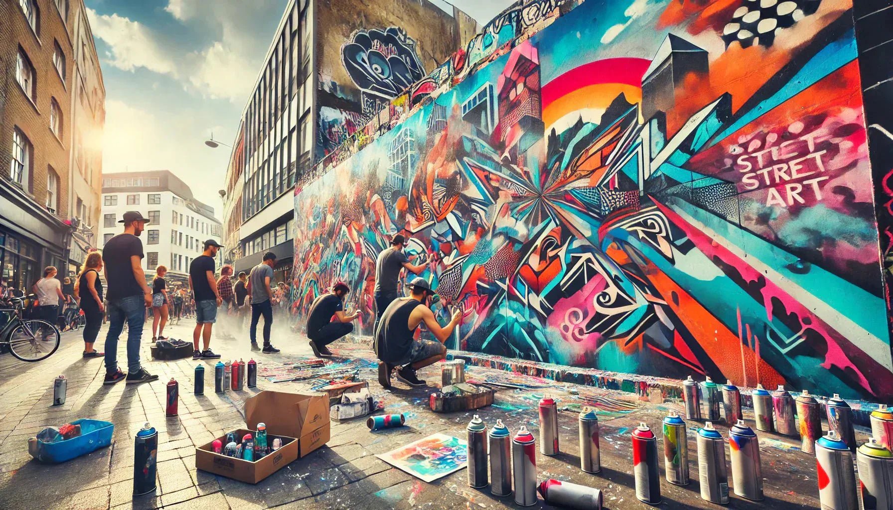 Les Meilleurs Tableaux Street Art : fresque moderne représentant une scène urbaine colorée avec des artistes en action, illustrant la culture street art contemporaine.
