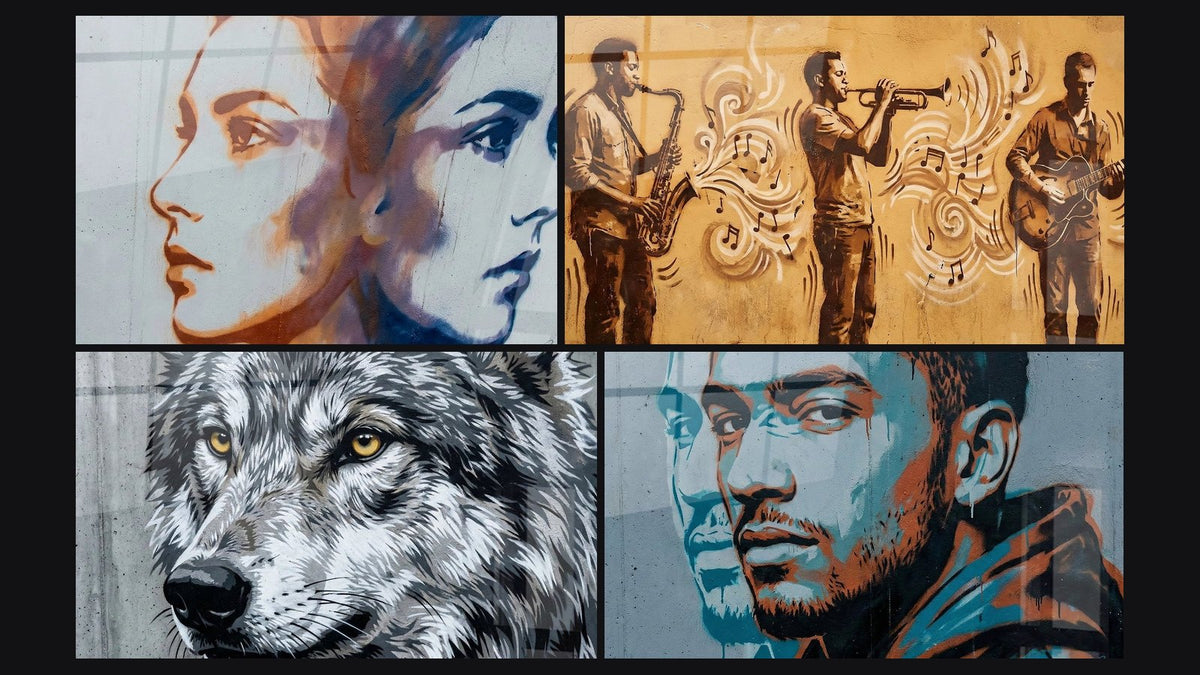 Mosaico di quattro quadri, tra cui Volti a specchio toni arancio e blu e Ritratto maschile con toni blu e arancioni