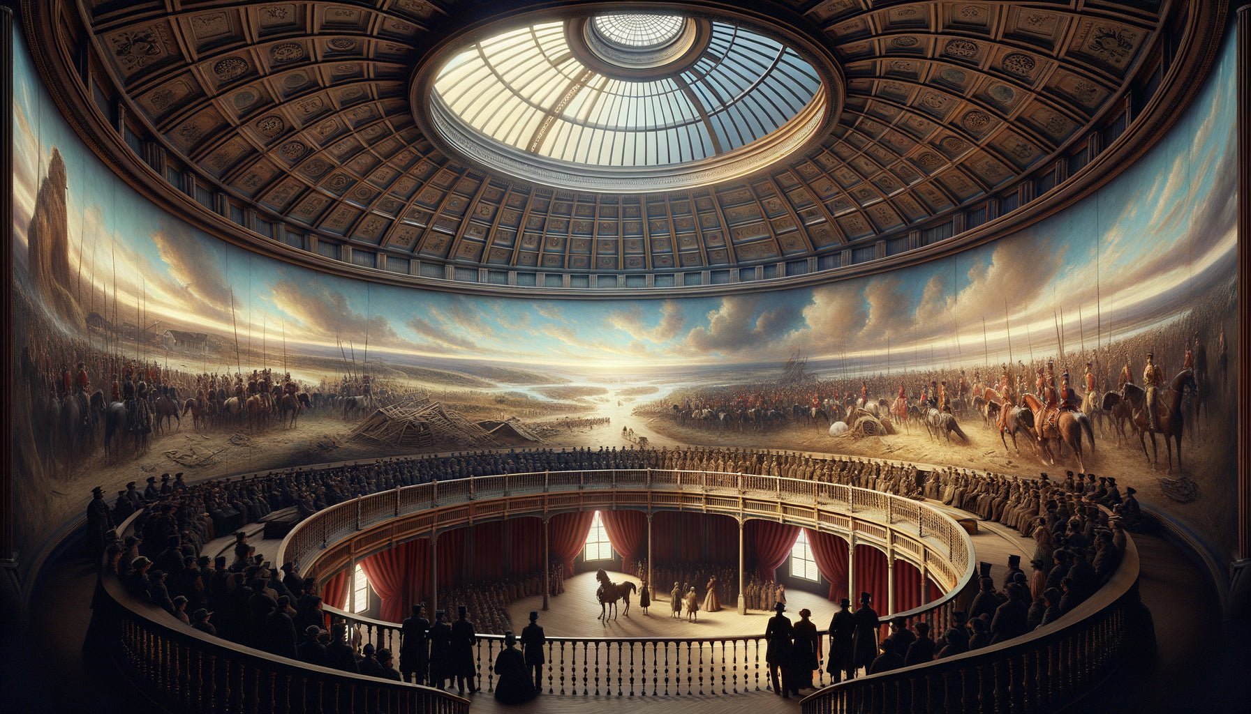 Intérieur d'un panorama rotatif victorien années 1880 avec spectateurs contemplant une toile circulaire immersive à 360 degrés