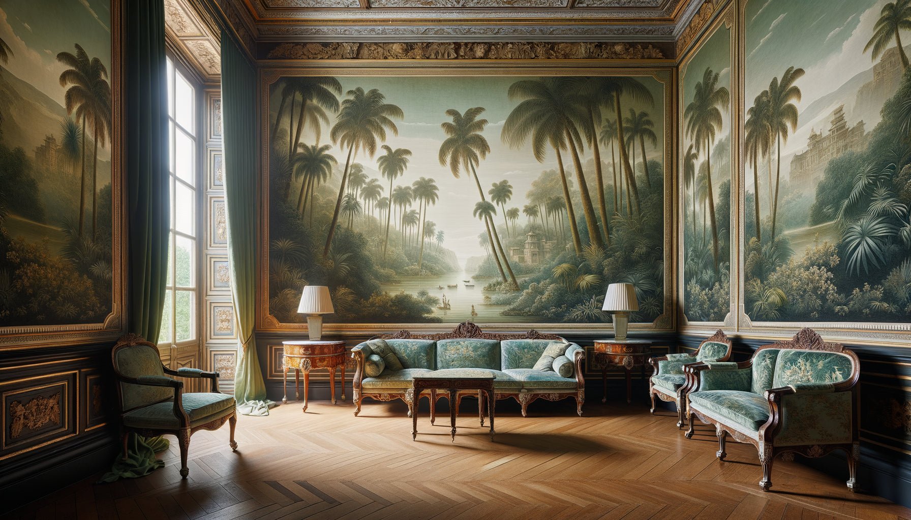Salon bourgeois français 1820 avec papier peint panoramique Zuber représentant paysage exotique immersif, mobilier Empire