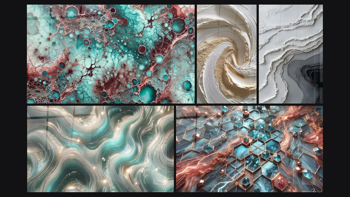 Mosaico di cinque quadri, tra cui Essenza di Granato, Onde Scintillanti e Reti di Splendore