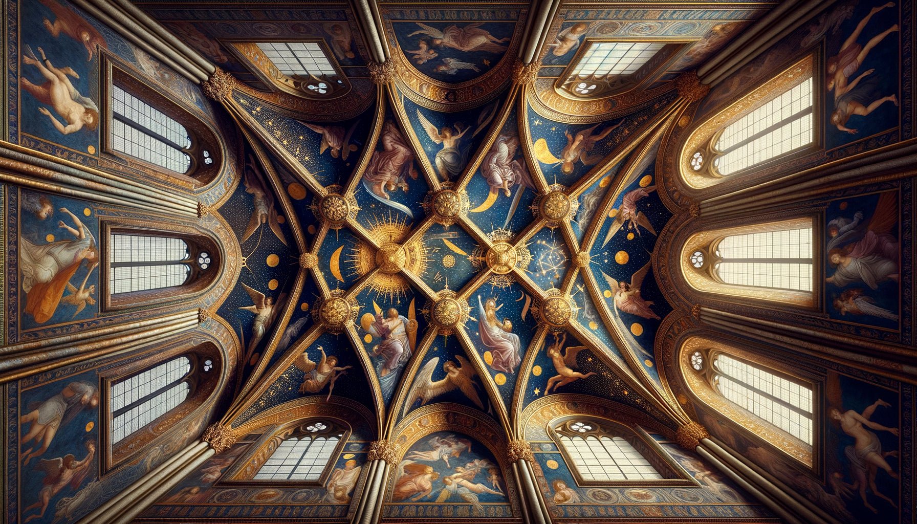 Fresque Renaissance de plafond céleste style Giotto, voûte peinte avec constellations dorées sur fond bleu outremer