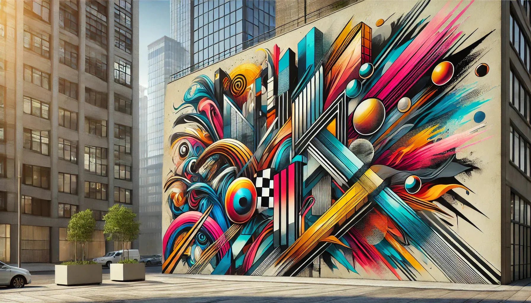 Illustration d’un Tableau Street Art Abstrait XXL, mêlant couleurs vives, formes dynamiques et textures expressives, inspiré des fresques murales monumentales du graffiti contemporain.