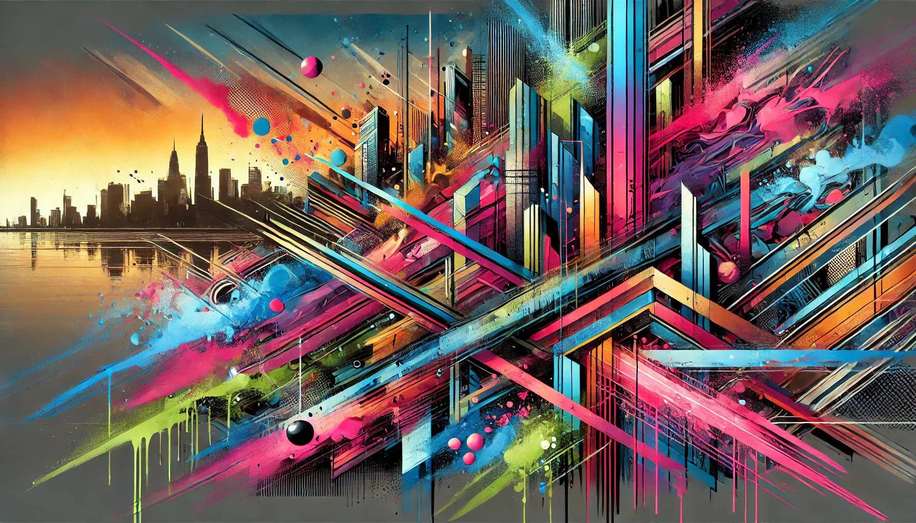 Un tableau street art abstrait aux couleurs dynamiques, mélangeant formes géométriques et textures audacieuses, inspiré des grandes fresques urbaines contemporaines.