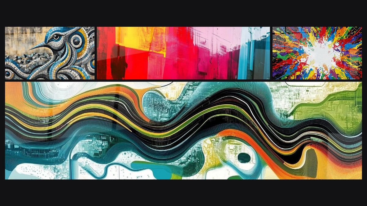 Mosaico di quattro quadri, tra cui Il Canto delle Piastrelle, Spettro Brillante e Onde Digitali