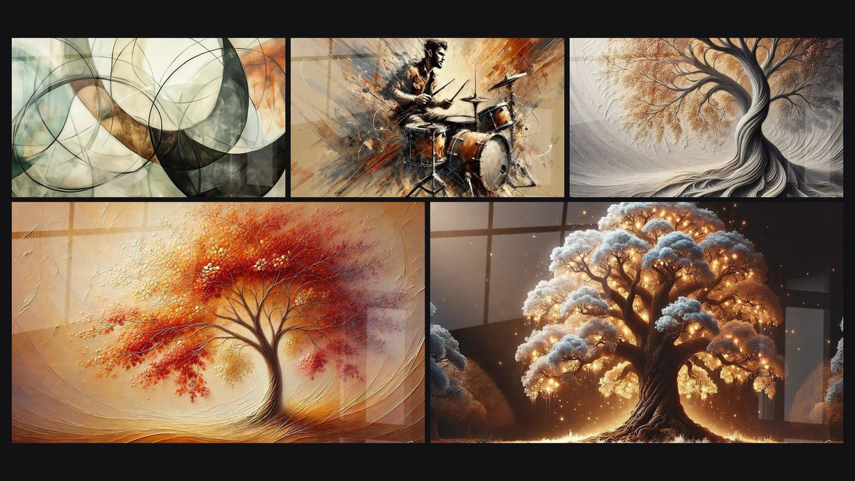 Mosaico de cinco cuadros, entre ellos Los Lazos Invisibles, Batería N°2 y Aliento de la Tierra