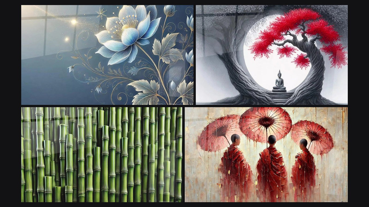 Mosaico di quattro quadri, tra cui Fiore di Luce, Linee della Natura e Viaggio Meditativo