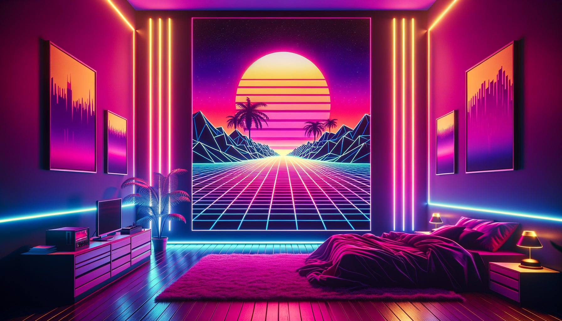 Intérieur moderne avec décoration murale Synthwave aux néons roses et cyan, grille lumineuse en perspective et soleil stylisé