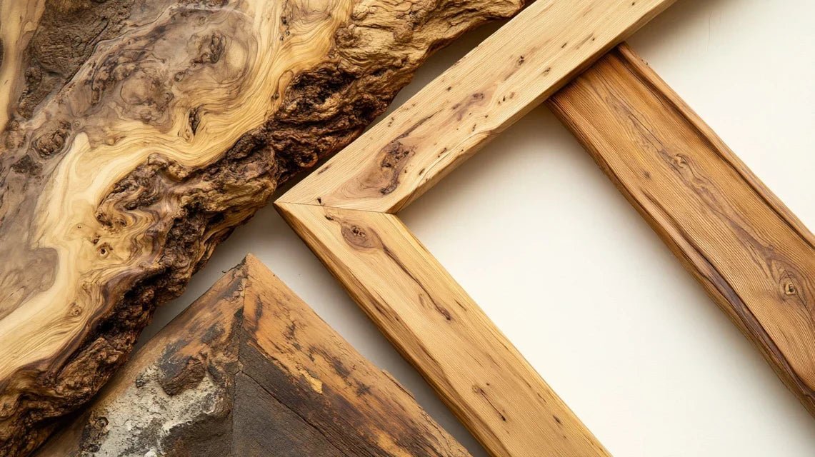 Frise chronologique illustrant l'évolution des cadres en bois massif dans la décoration intérieure à travers différentes époques, du classique baroque aux designs minimalistes contemporains.