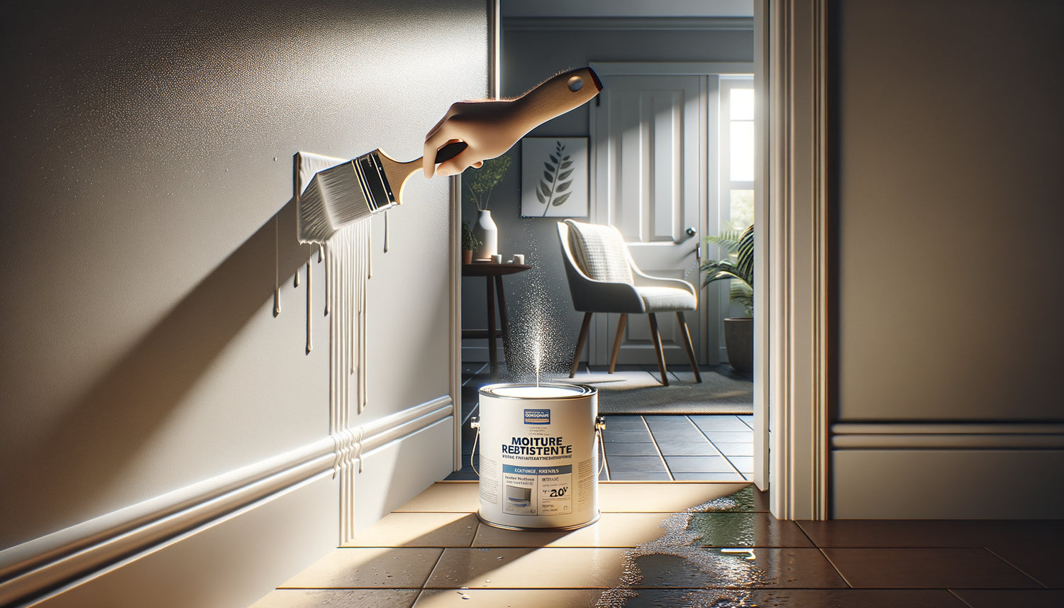 Application de liant acrylique résistant à l'humidité sur mur de couloir près d'une salle de bain