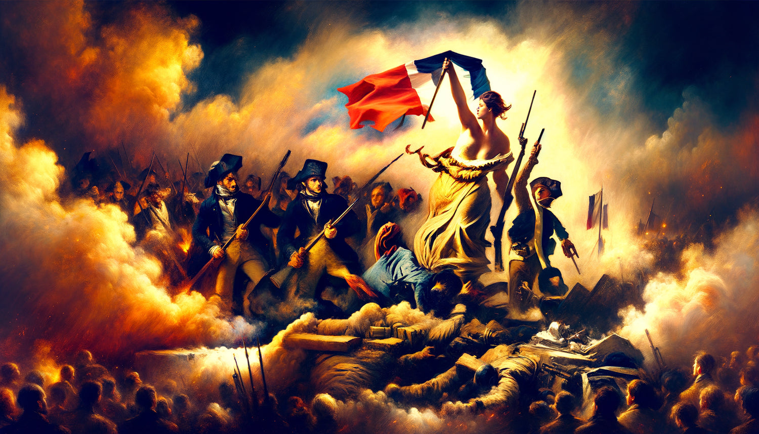 Scène romantique inspirée de Delacroix, barricade révolutionnaire 1830, drapeau tricolore, style peinture à l'huile dramatique