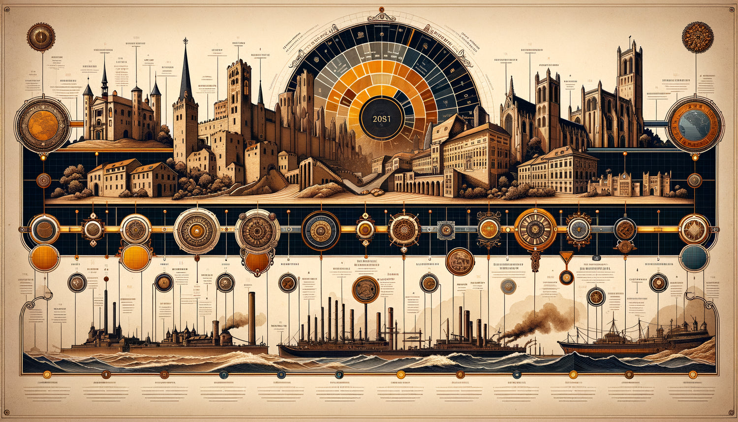 Visualisation pédagogique d'une ligne du temps historique illustrée avec époques successives et repères chronologiques détaillés
