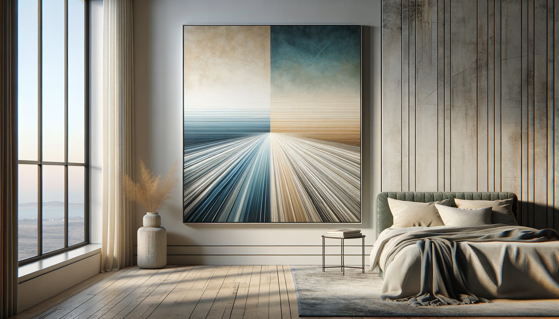 Comparaison de tableaux abstraits aux lignes horizontales apaisantes versus lignes verticales dynamiques dans intérieur contemporain