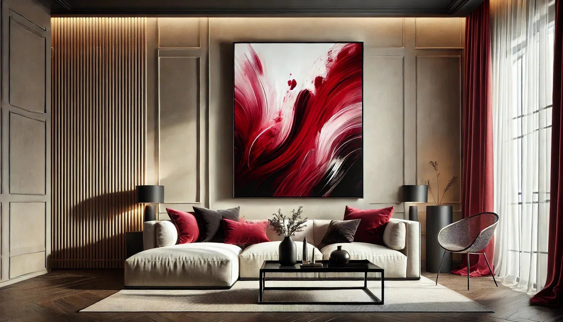 Tableau abstrait rouge encadré dans un salon contemporain, mettant en valeur les nuances carmin et bordeaux grâce à un cadre minimaliste noir.