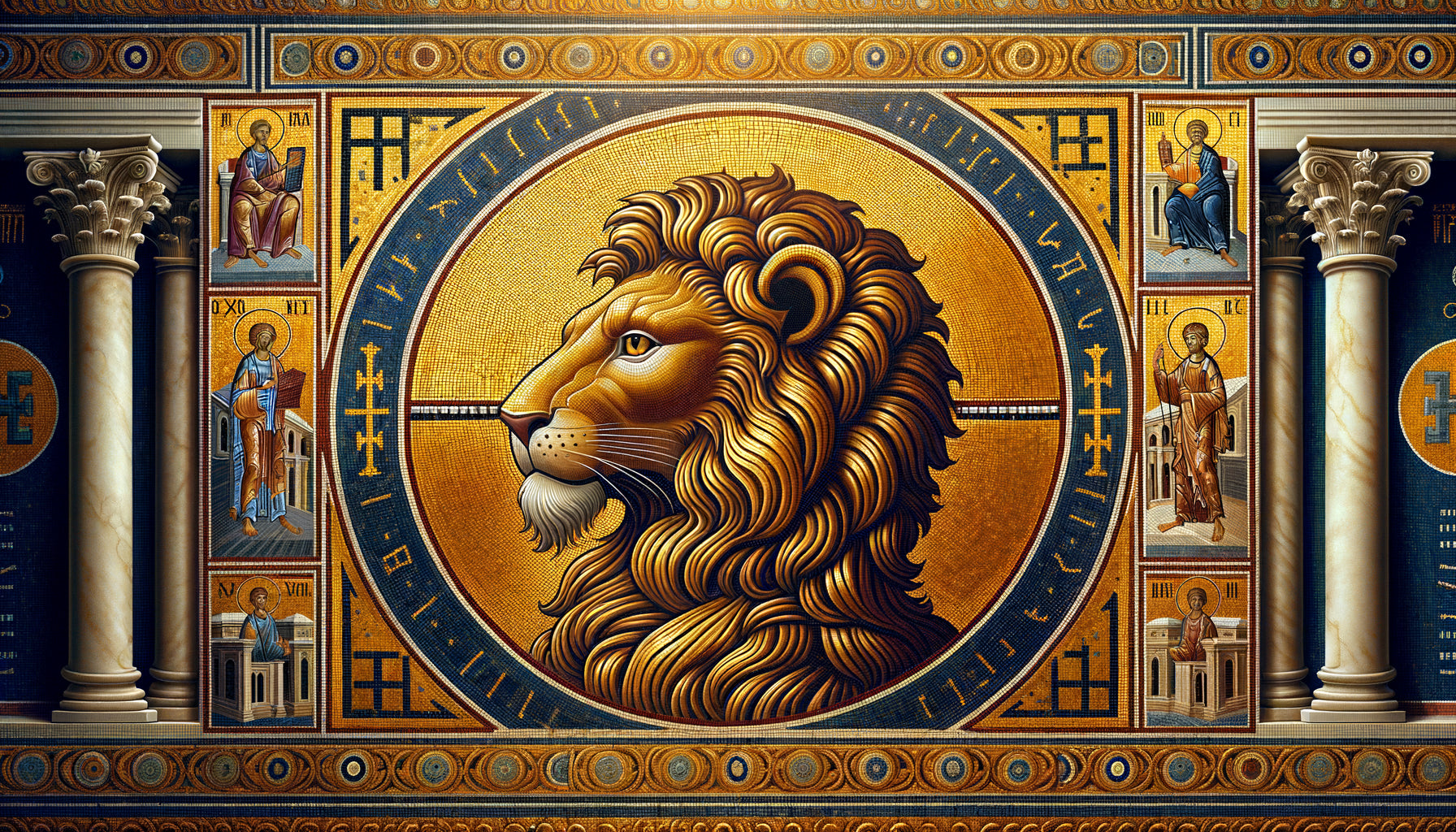 Détail de mosaïque byzantine représentant un lion doré symbole christique, technique de tesselles, style iconographique sacré médiéval
