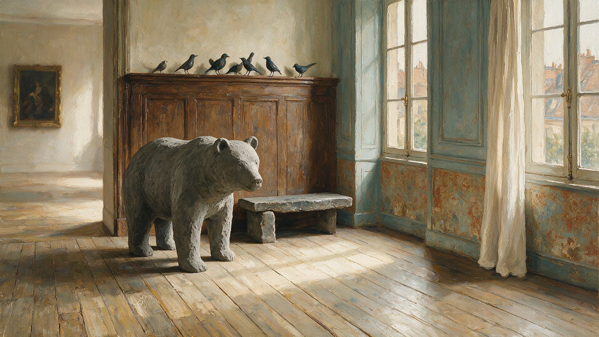 Une sculpture d'ours en ciment dans une salle de musée, entourée de petits oiseaux métalliques accrochés au mur