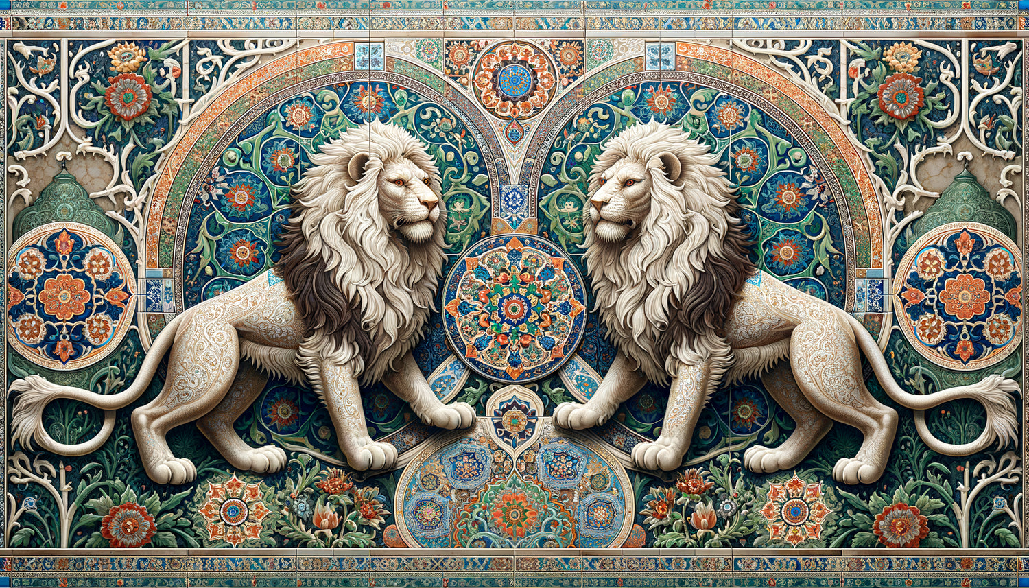 Paire symétrique de lions de chasse ottomans sur panneau décoratif avec motifs géométriques islamiques, style Empire ottoman 16e-17e siècle