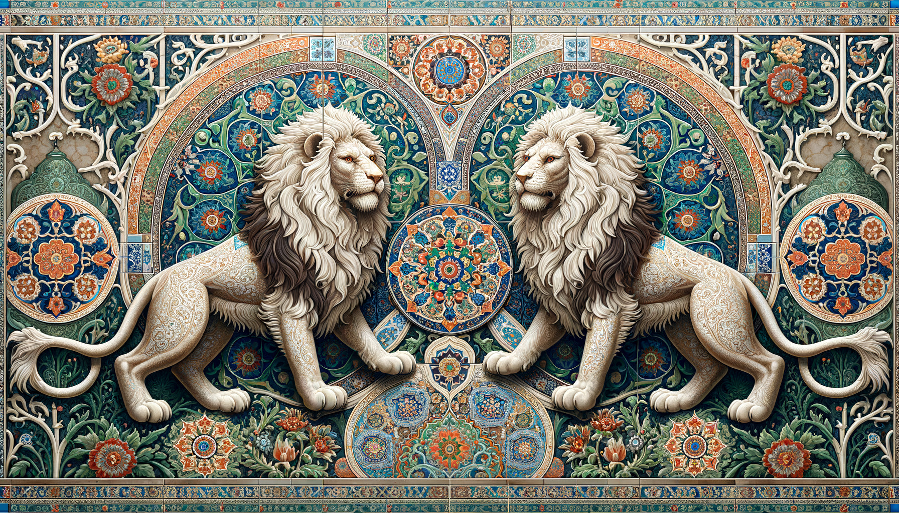 Paire symétrique de lions de chasse ottomans sur panneau décoratif avec motifs géométriques islamiques, style Empire ottoman 16e-17e siècle