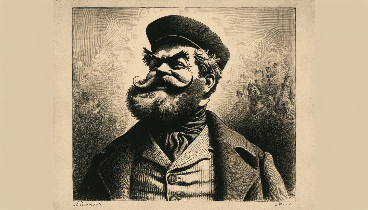 Lithographie satirique style Honoré Daumier, noir et blanc radical, caricature politique française du 19ème siècle