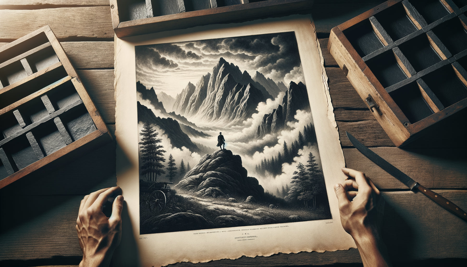 Paysage romantique montagneux du XIXe siècle produit par technique lithographique, texture caractéristique d'impression sur pierre