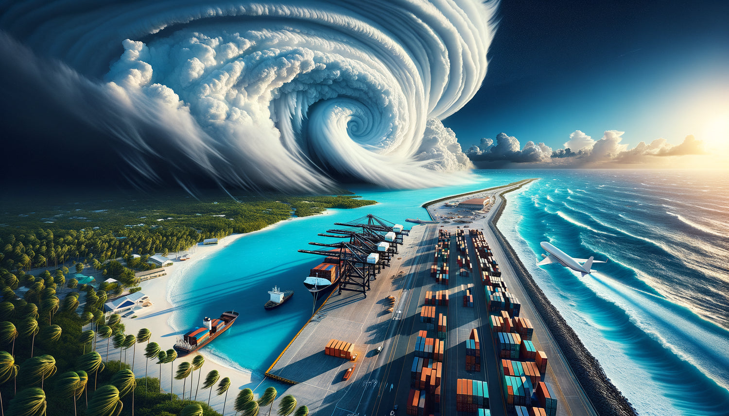 Cyclone tropical approchant un port des DOM-TOM avec conteneurs d'expédition et colis d'art en attente de livraison