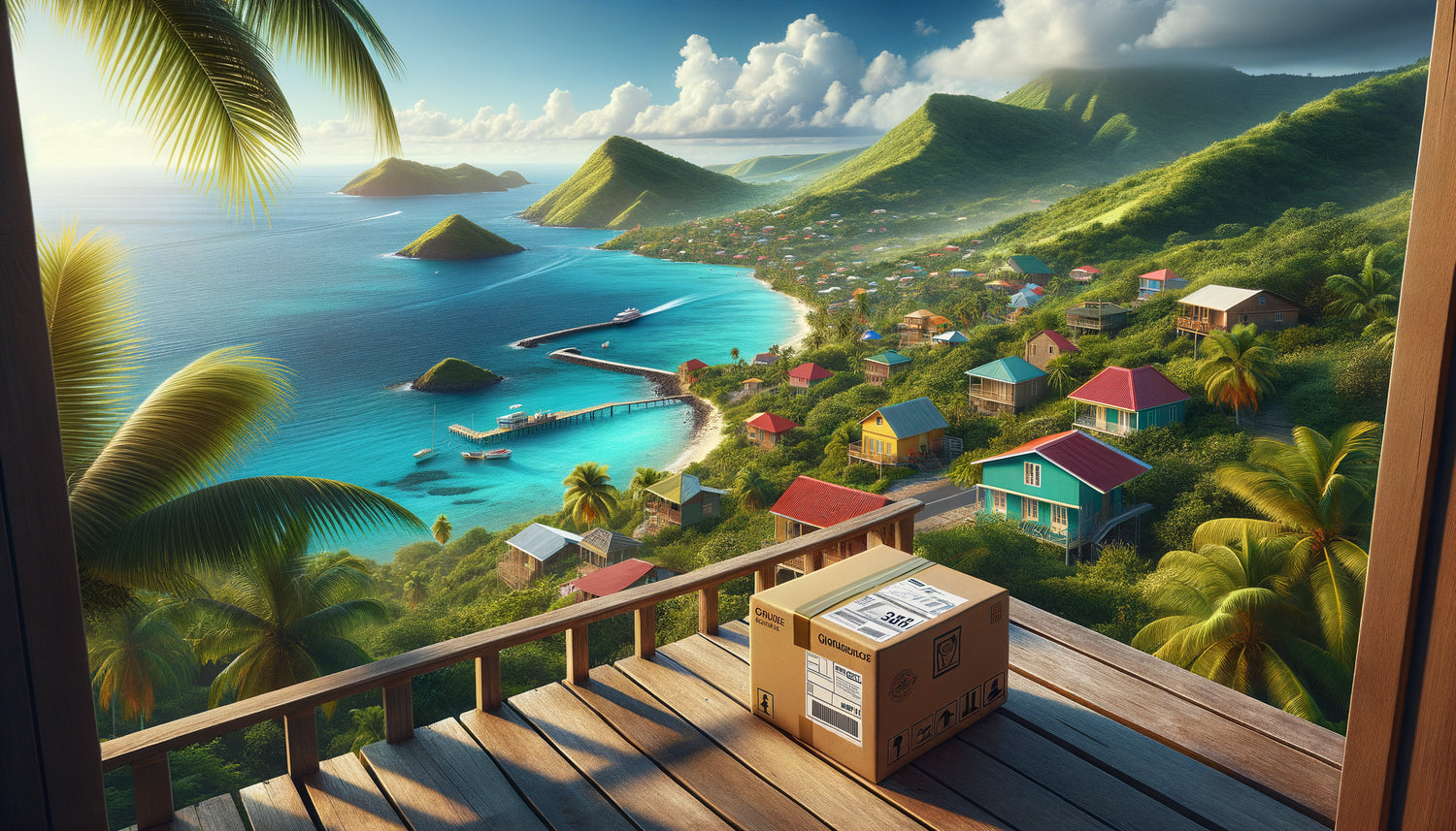 Colis de livraison e-commerce sur une terrasse tropicale avec vue sur les îles des DOM-TOM français